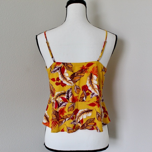 Bright Yellow Tropical Floral Print Cropped Split Ruffle Tank Top - Picture 5 of 9